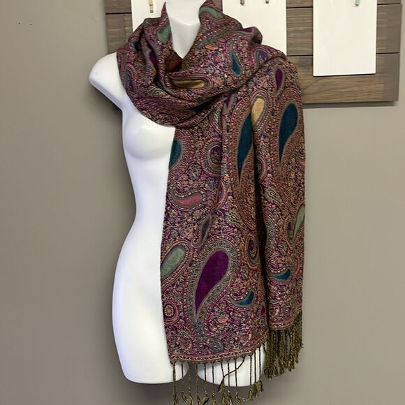 Beautiful Purple Blue Green Tan Paisley Pattern Pashmina Wrap Scarf w/ Tassel-OS - Picture 1 of 11